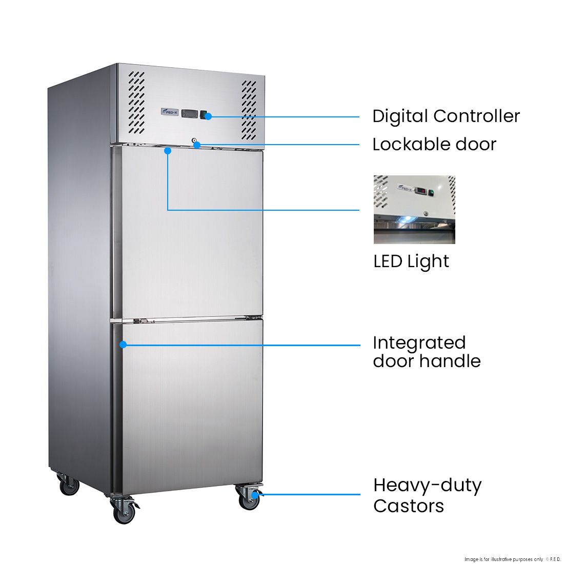 FED-X Stainless Steel Two Door Upright Fridge - XURC650S1V 3 FED-X Stainless Steel Two Door Upright Fridge - XURC650S1V - Image 3