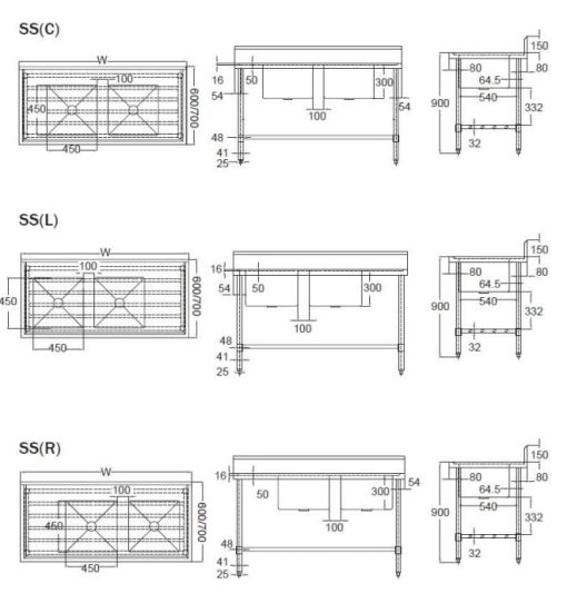 Mixrite SS2624C Commercial Centre Double Sink Bench 2400 x 600 x 900mm - Image 2